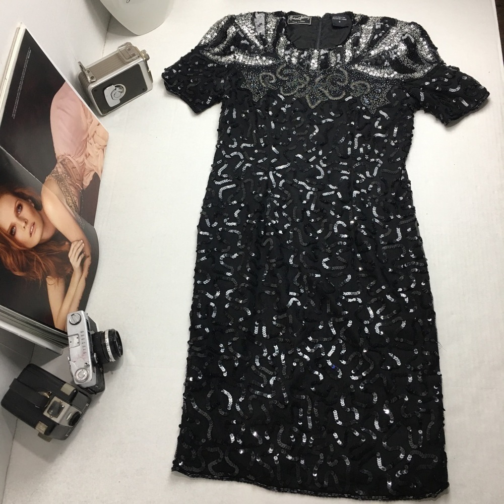 Vintage Robert Anthony 100% Silk Black Sequin Beaded Cocktail Dress 8